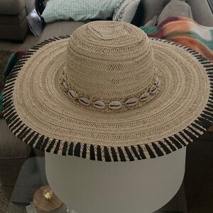 Chico's Natural Straw Hat with Black Trim and Shell Details